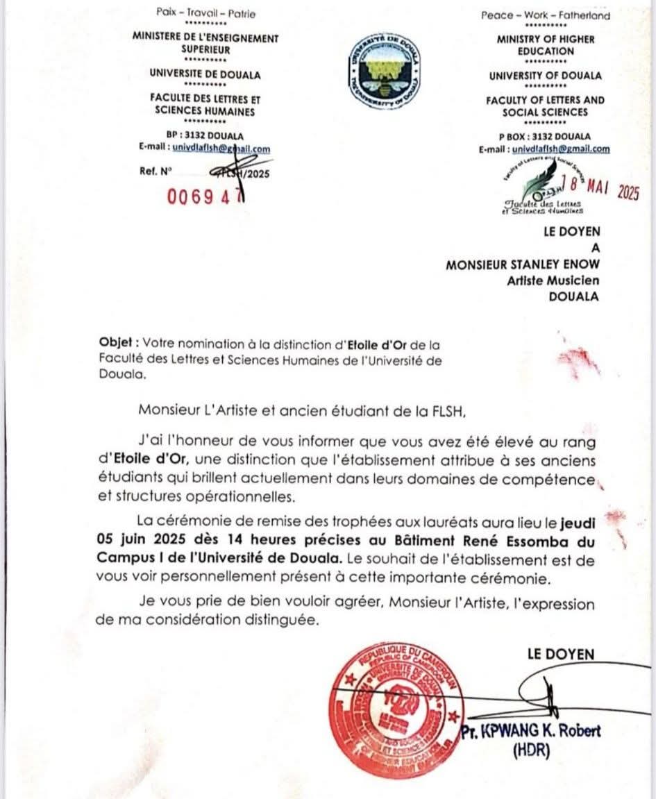 STANLEY ENOW, DECORÉ À L’UNIVERSITÉ DE DOUALA ET LANCE UN FESTIVAL NATIONAL POUR LE VIVRE ENSEMBLE